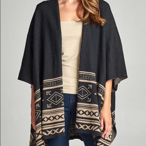 NWT M/L Geometric Poncho Black/Brown - Picture 2 of 7